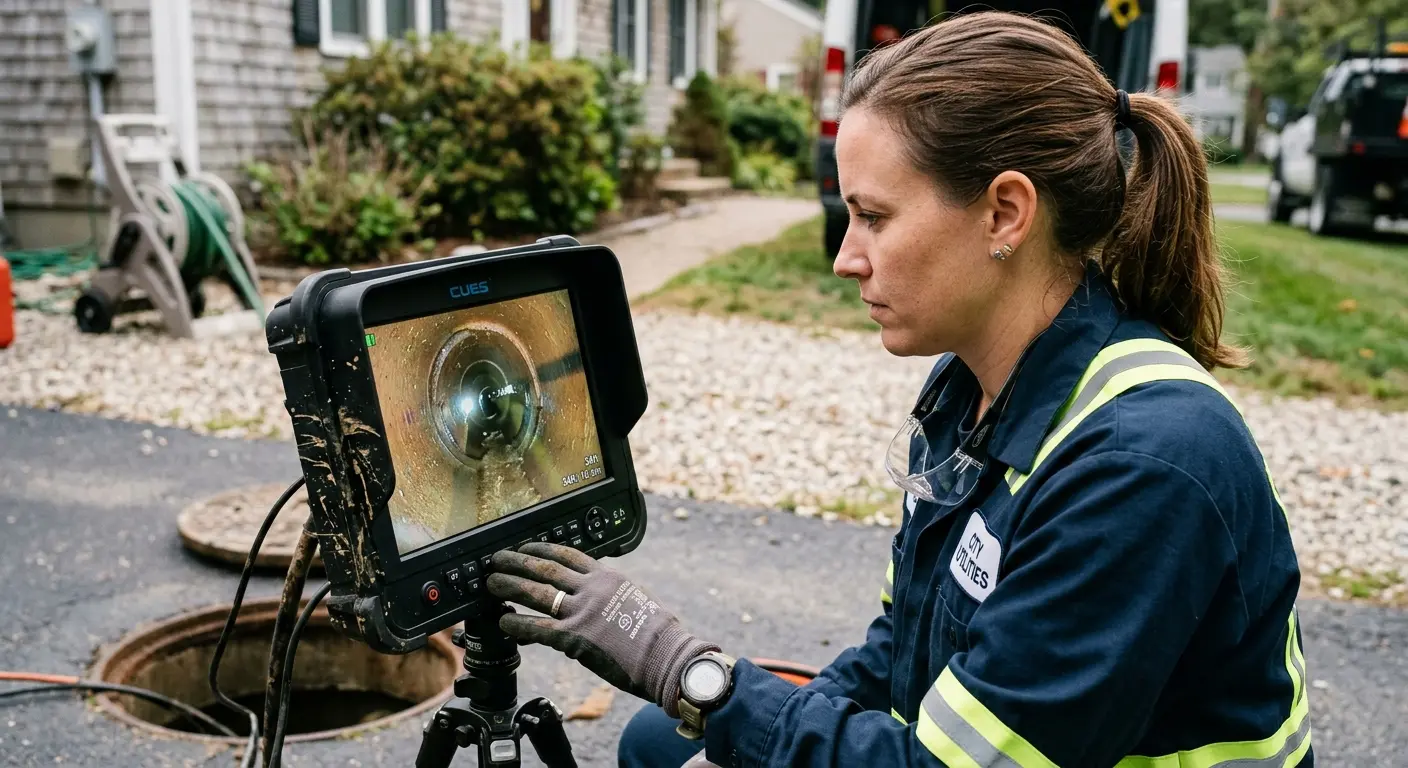 Technician reviewing sewer camera inspection footage in Bucksport