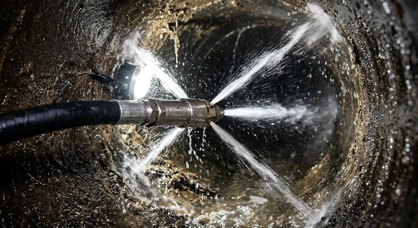 High-pressure hydro jetting nozzle cleaning sewer pipe for Sewer Cleanout in Bucksport
