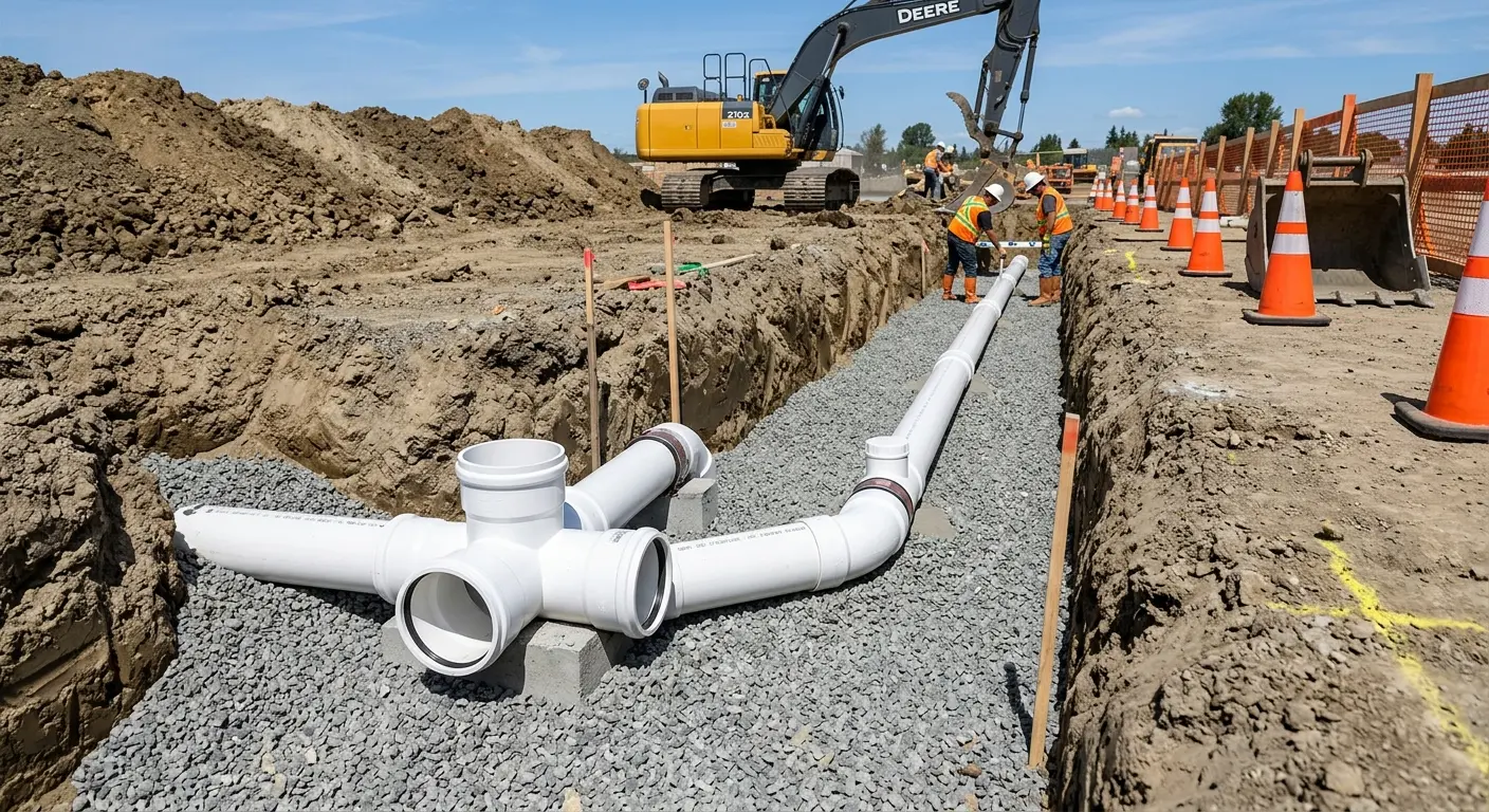 New PVC sewer pipe installation in open trench for Sewer Backup in Bucksport
