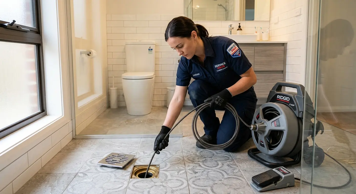 Technician clearing a bathroom floor drain for Sewer Line Replacement in Bucksport